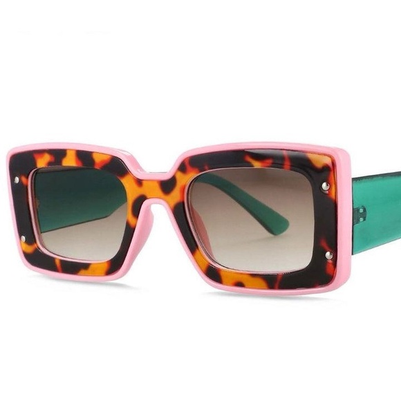 Pink Cheetah Frame Mod Rectangle Inset Colorblock Fancy Pattern Sunglasses - Picture 2 of 3